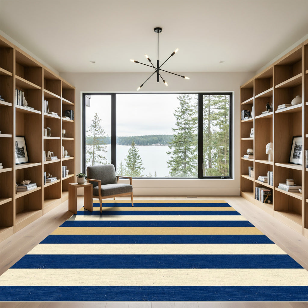 Navy and Beige Horizontal Striped Rug