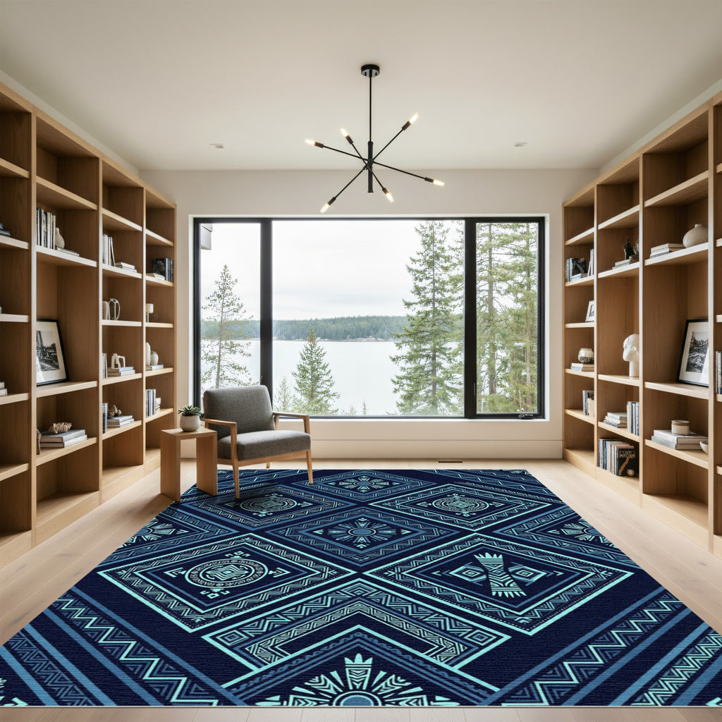 Deep Blue Geometric Tribal Diamonds Rug