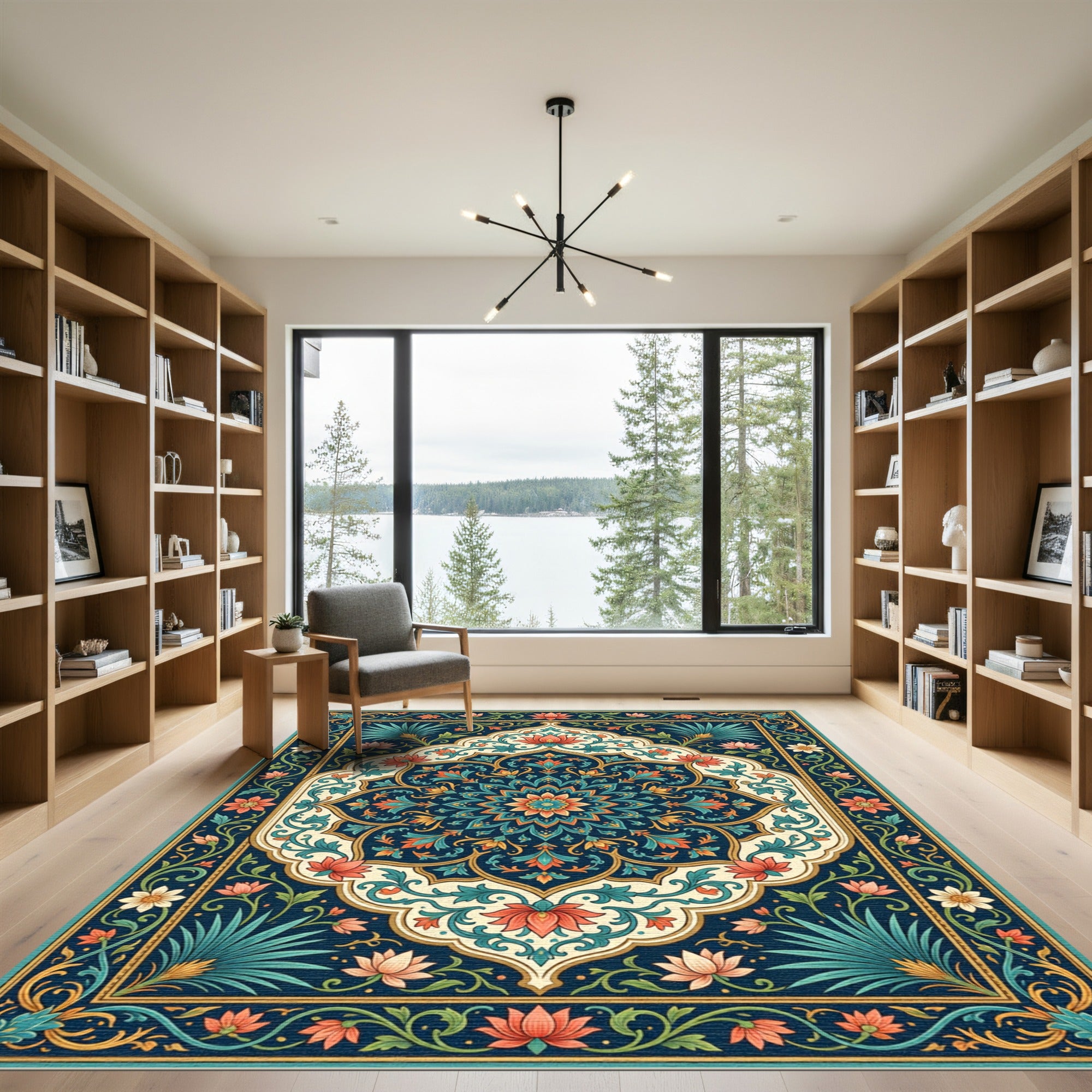 Ornate Teal Orange Floral Medallion Rug