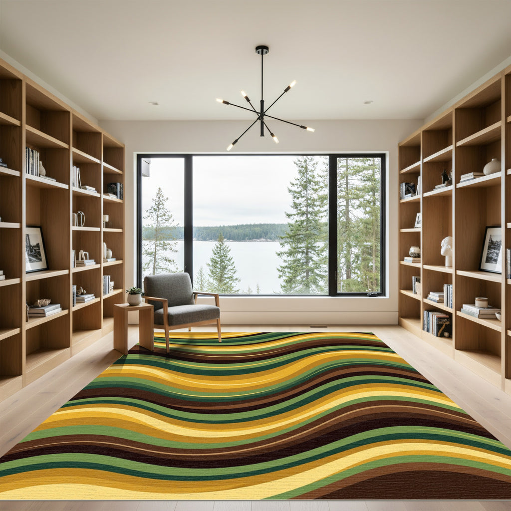 Golden Olive Wavy Linear Abstract Area Rug