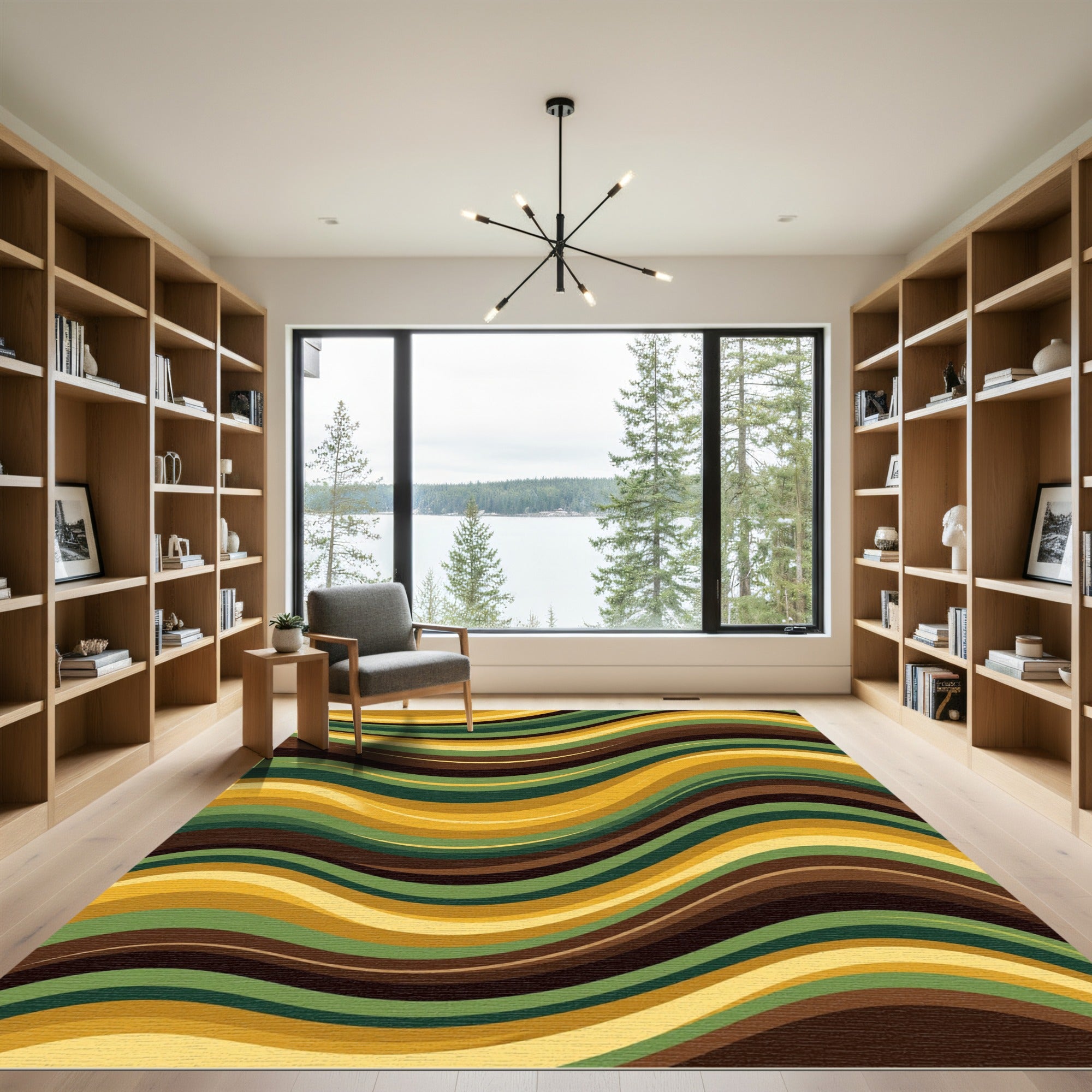 Golden Olive Wavy Linear Abstract Area Rug