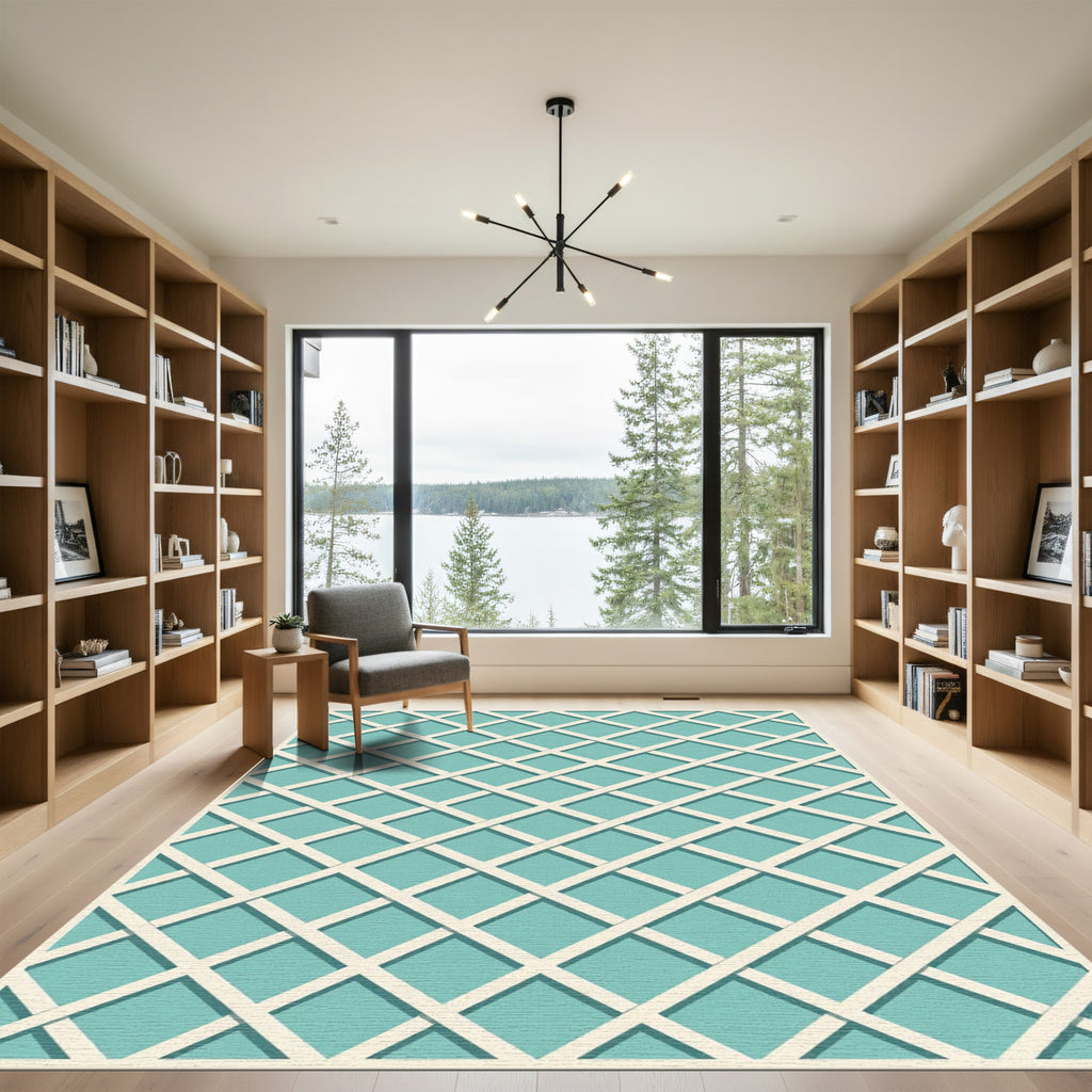 Aqua Blue Intersecting Lattice Grid Rug