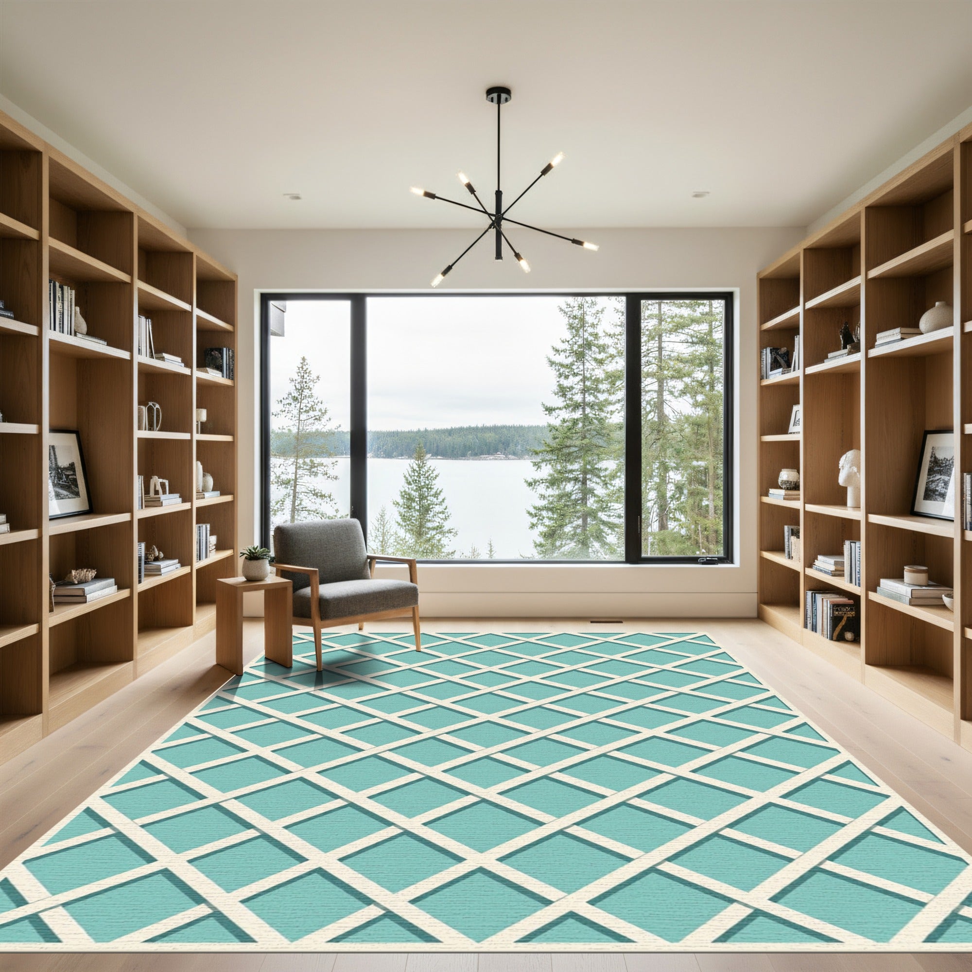 Aqua Blue Intersecting Lattice Grid Rug