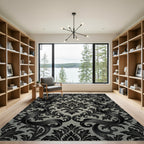 Elegant Black Damask Baroque Scroll Rug
