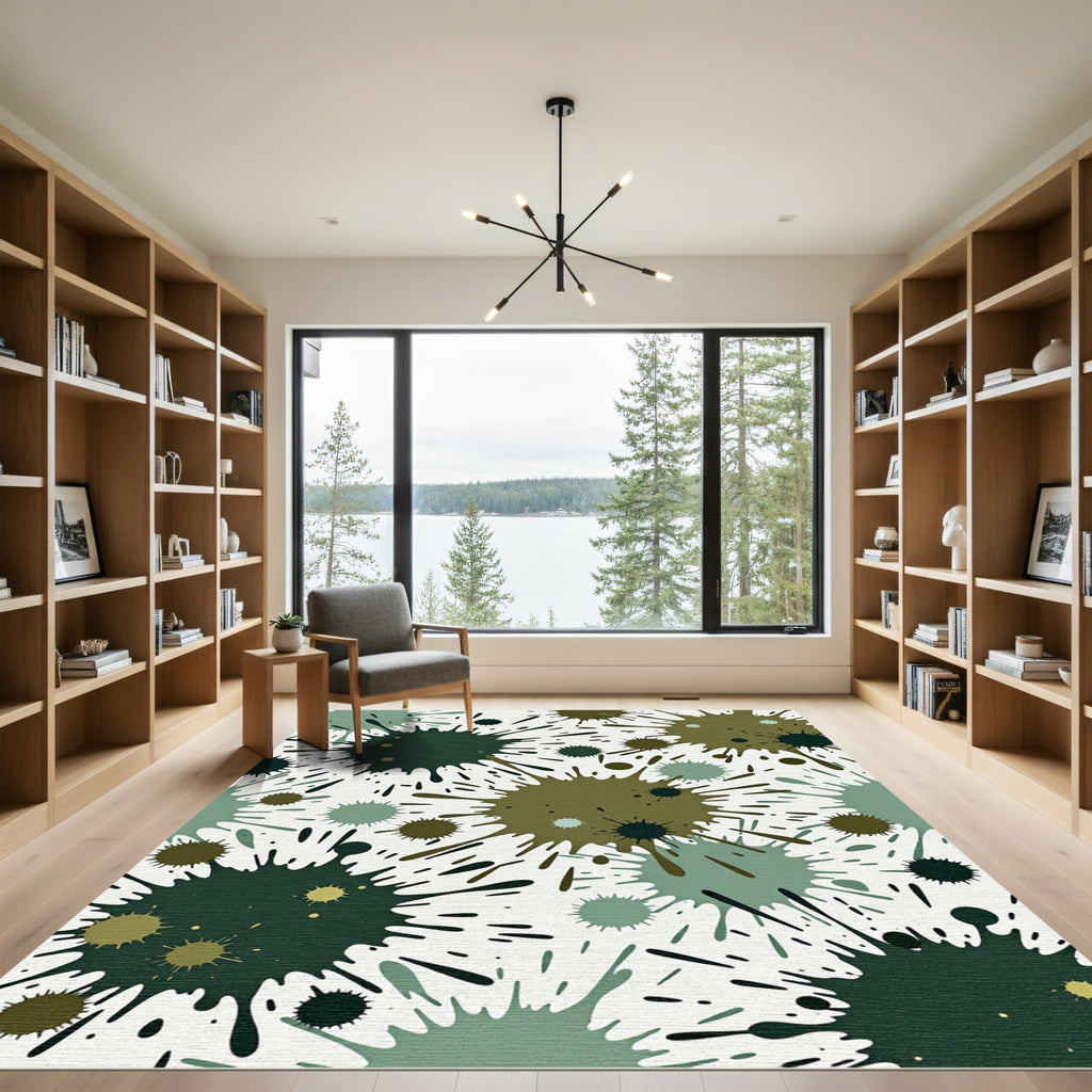 Earthy Sage Forest Green Ink Splatter Rug