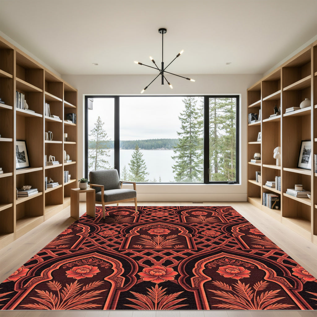 Rich Red Arch Floral Lattice Rug