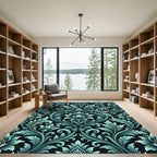Elegant Teal Floral Damask Swirl Rug