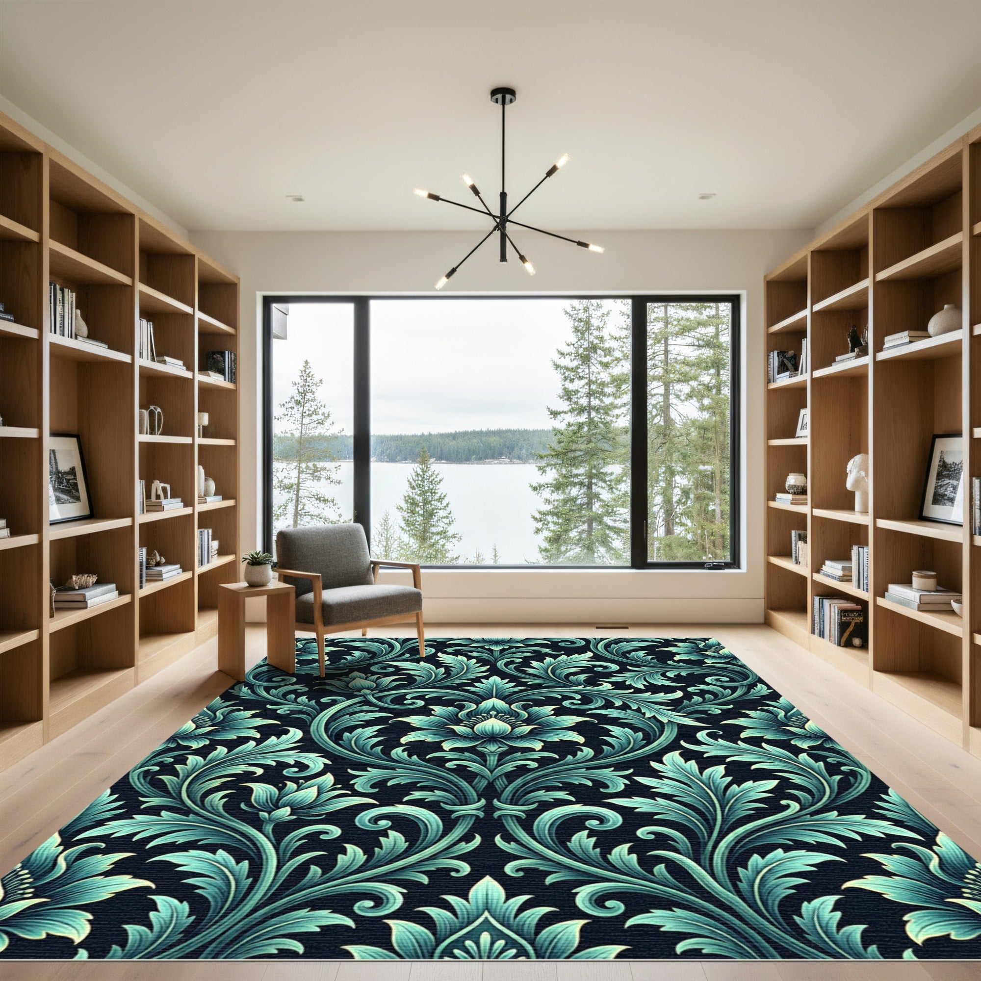 Elegant Teal Floral Damask Swirl Rug
