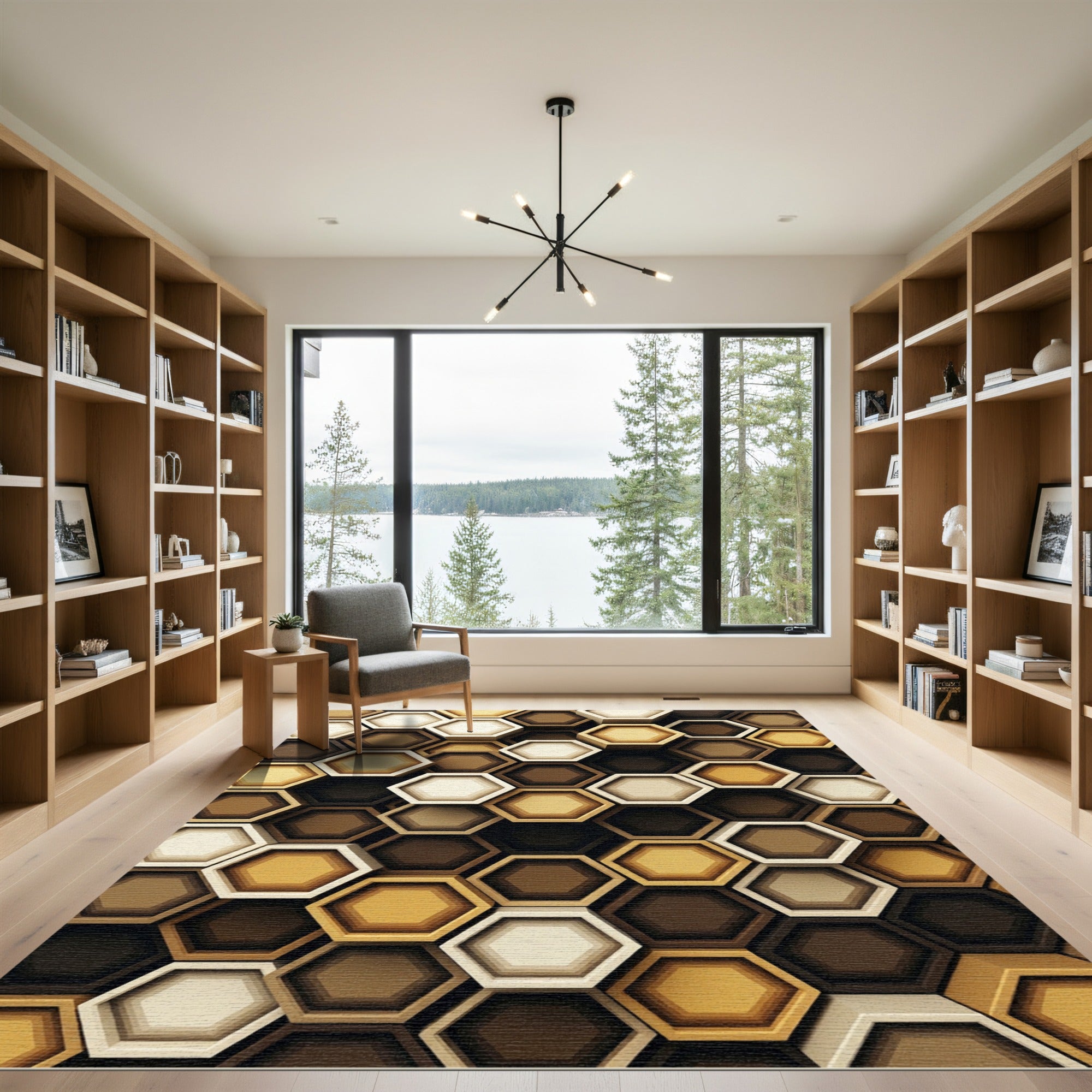 Golden Earth Tone Geometric Hexagon Rug