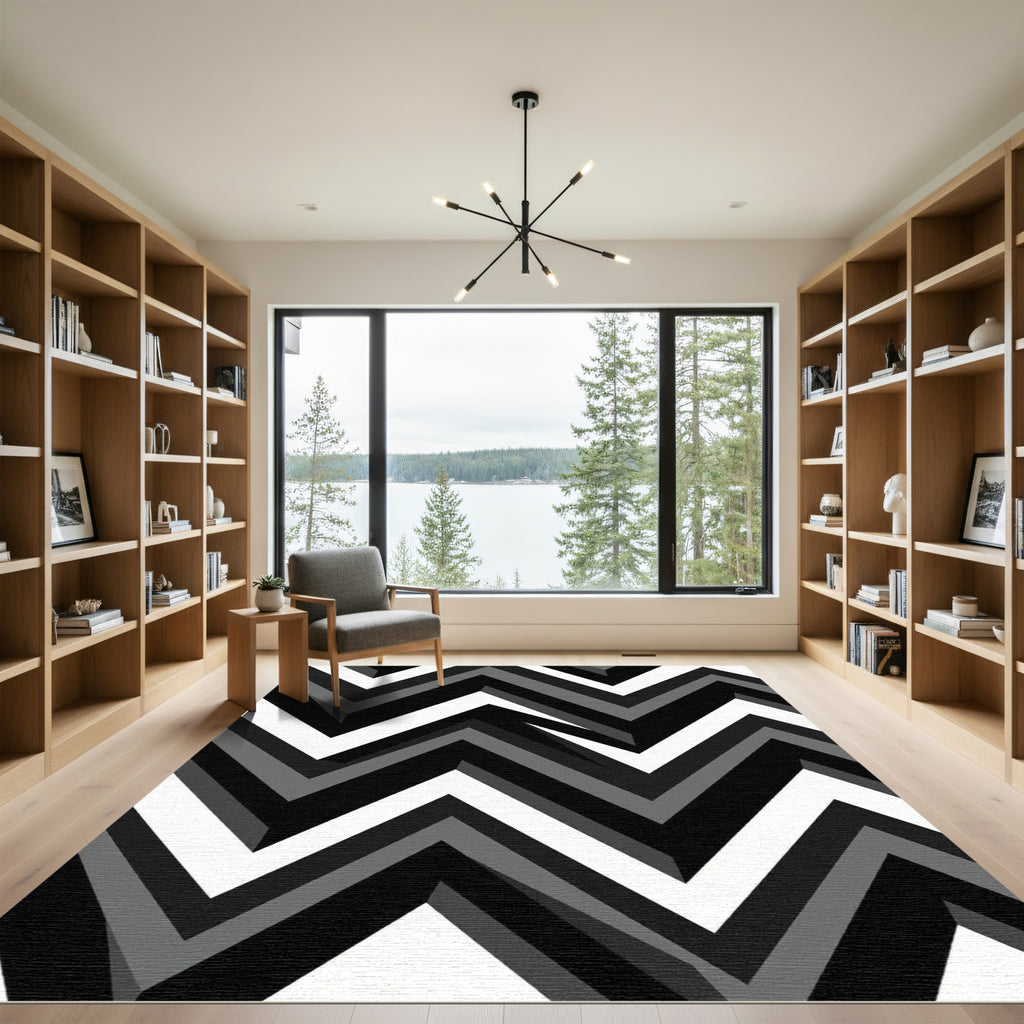 Modern Monochrome Geometric Zigzag Rug
