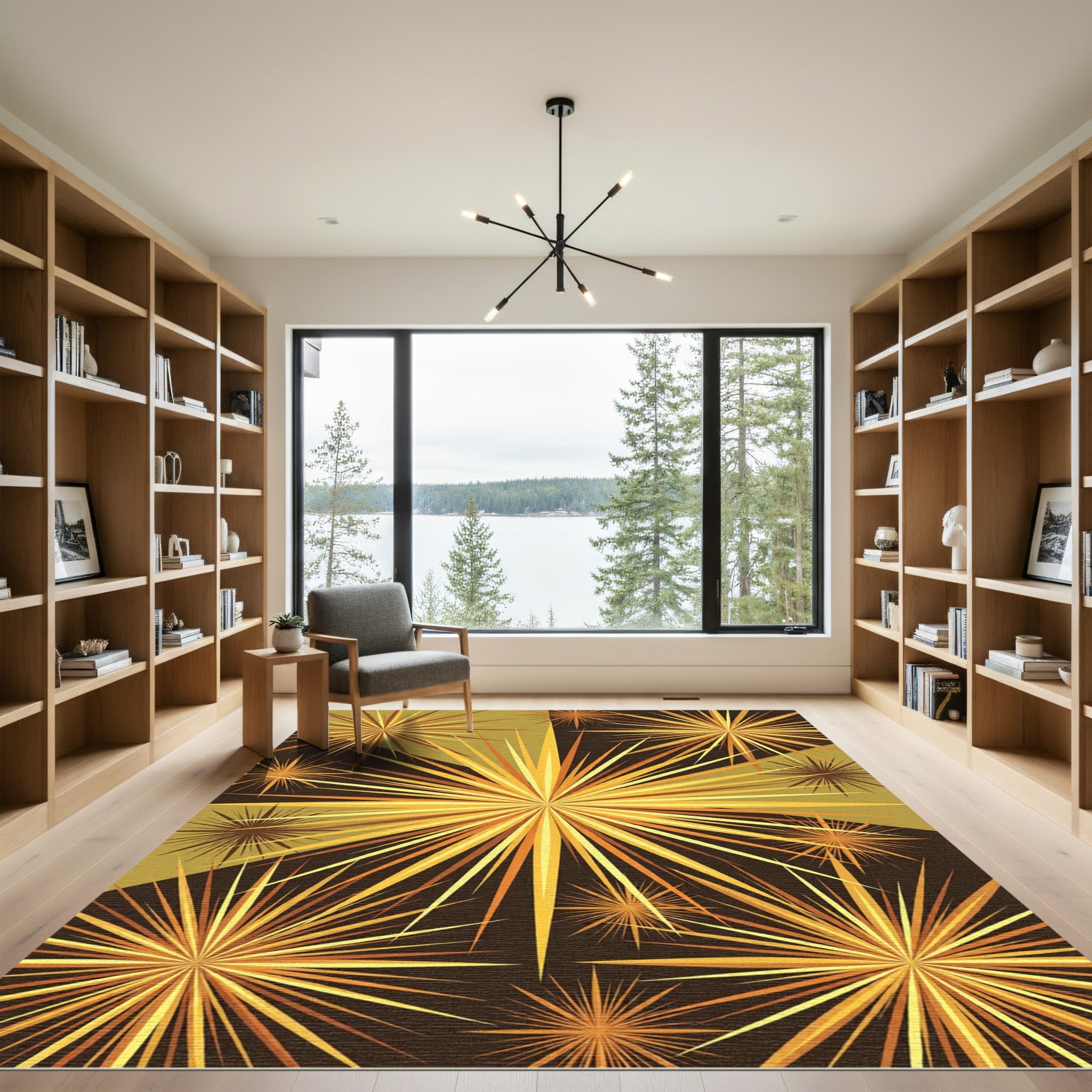 Radiant Golden Sunburst Geometric Star Rug