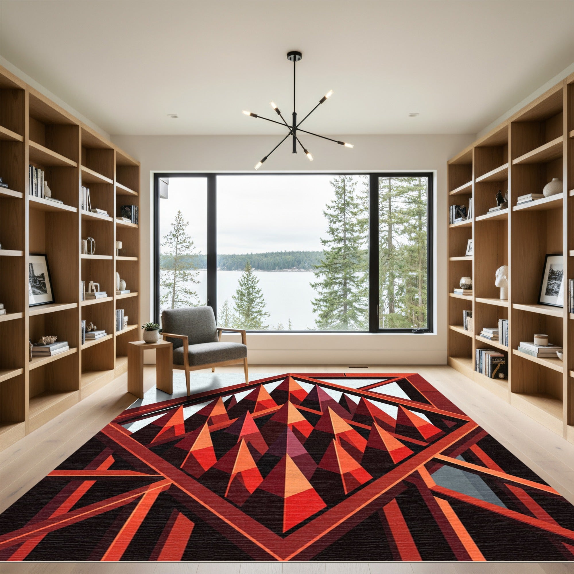Geometric Crimson Spire Abstract Rug