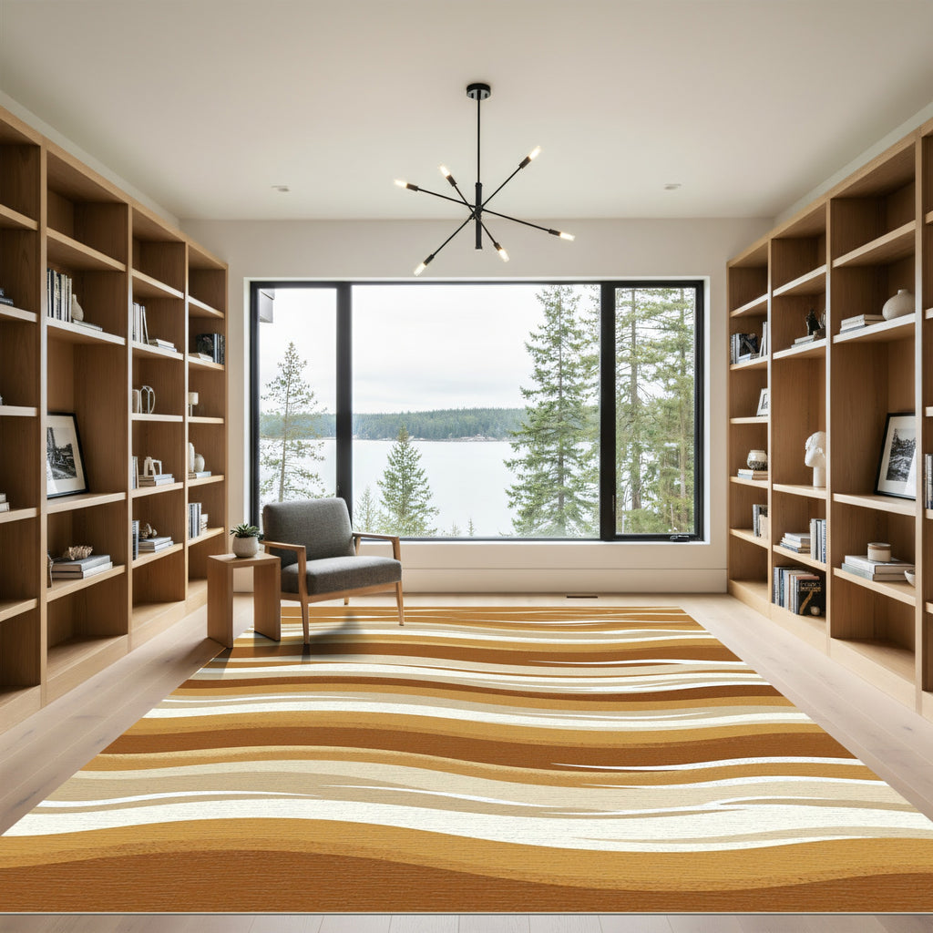 Earthy Brown Abstract Wavy Layered Rug