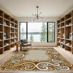 Elegant Gold White Leaf Scrollwork Rug