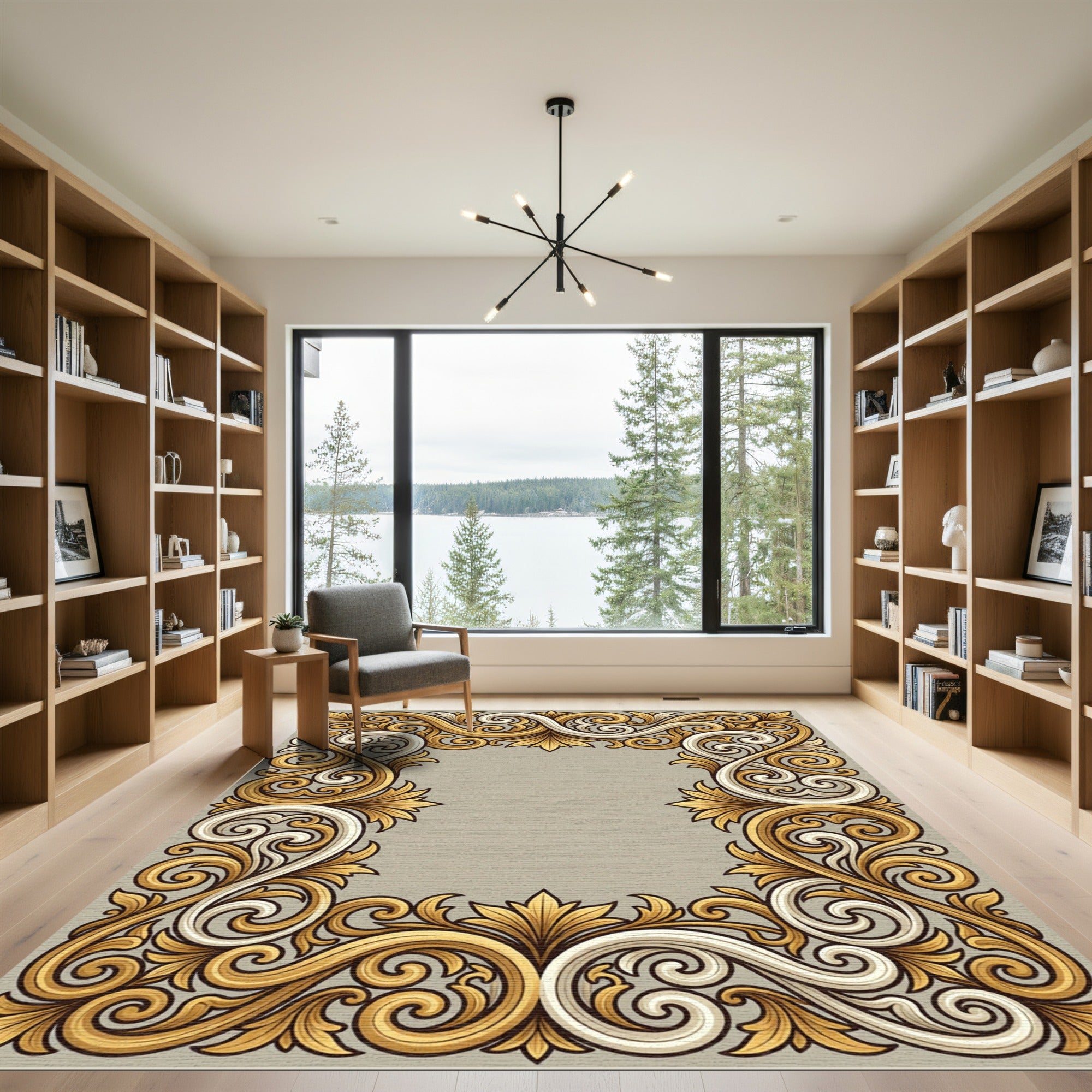 Elegant Gold White Leaf Scrollwork Rug