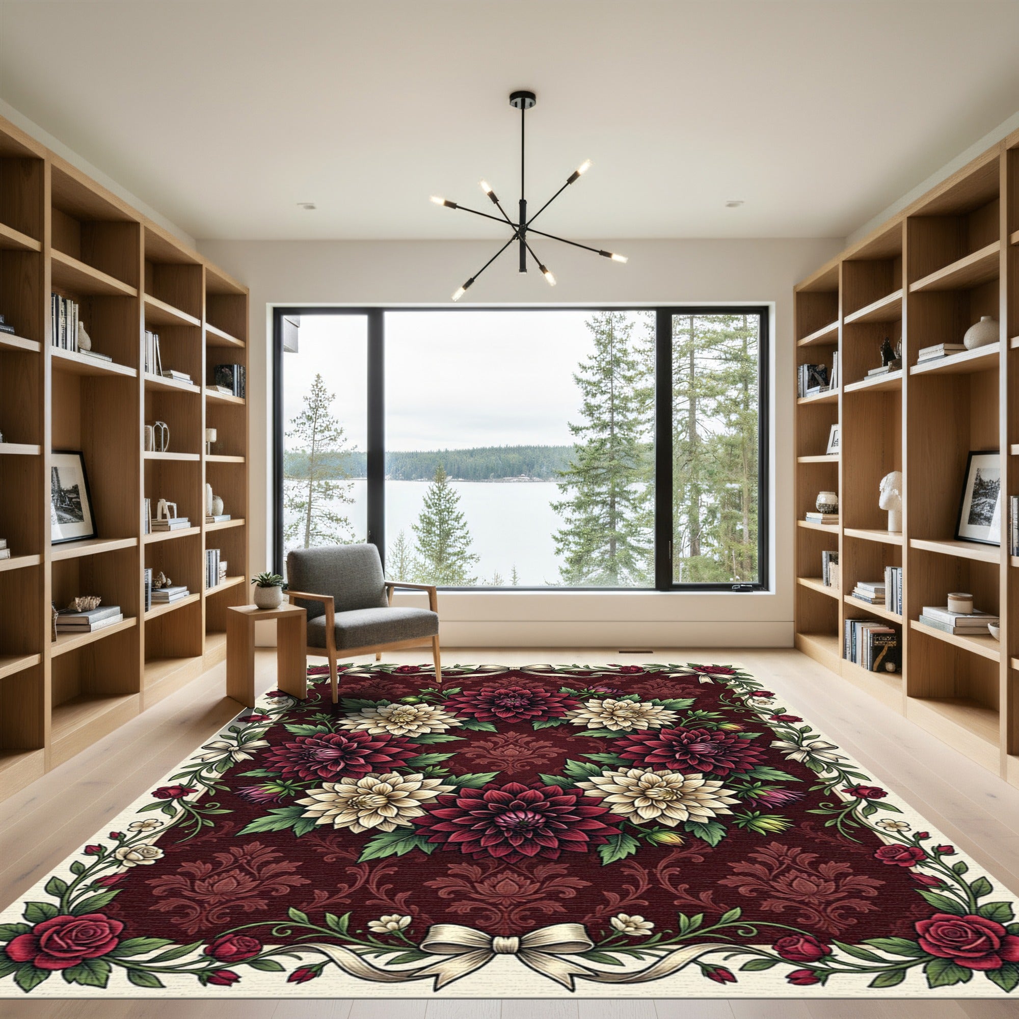Crimson Floral Wreath With Cream Dahlias Rug