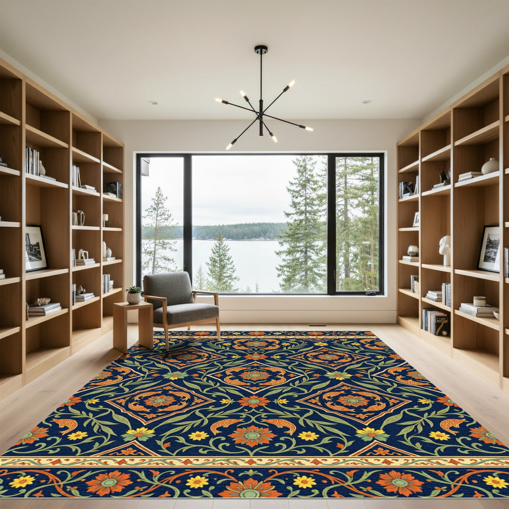 Navy Floral Lake Fish Medallion Rug