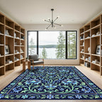 Intricate Azure Floral Scrolling Botanical Rug
