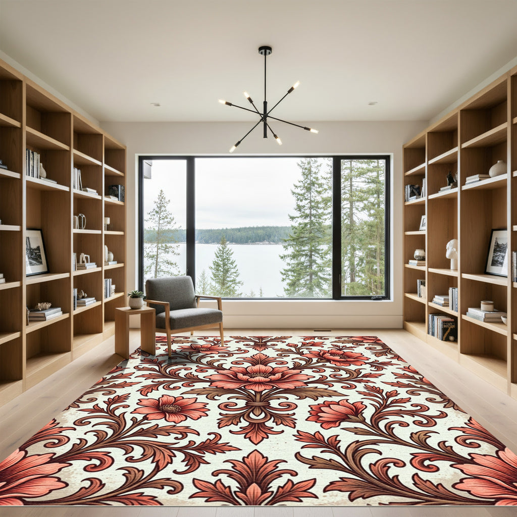 Coral Rose Floral Scrolling Vine Rug