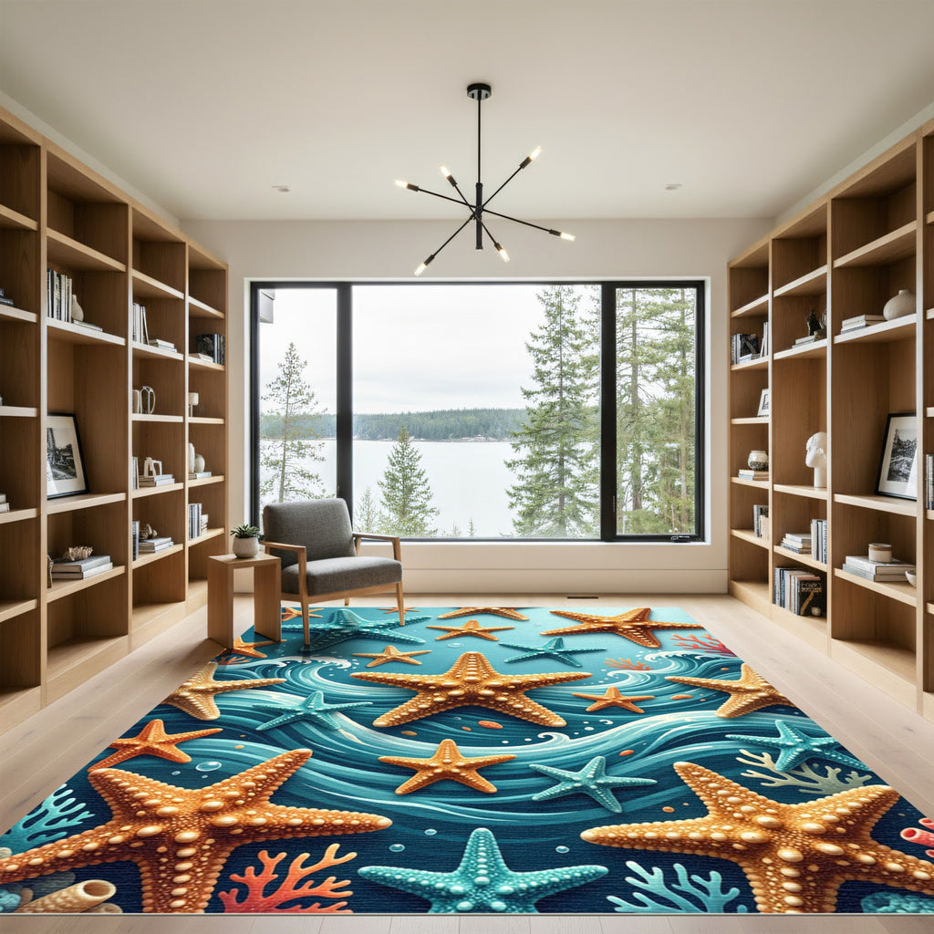 Coastal Starfish Underwater Teal Wave Rug