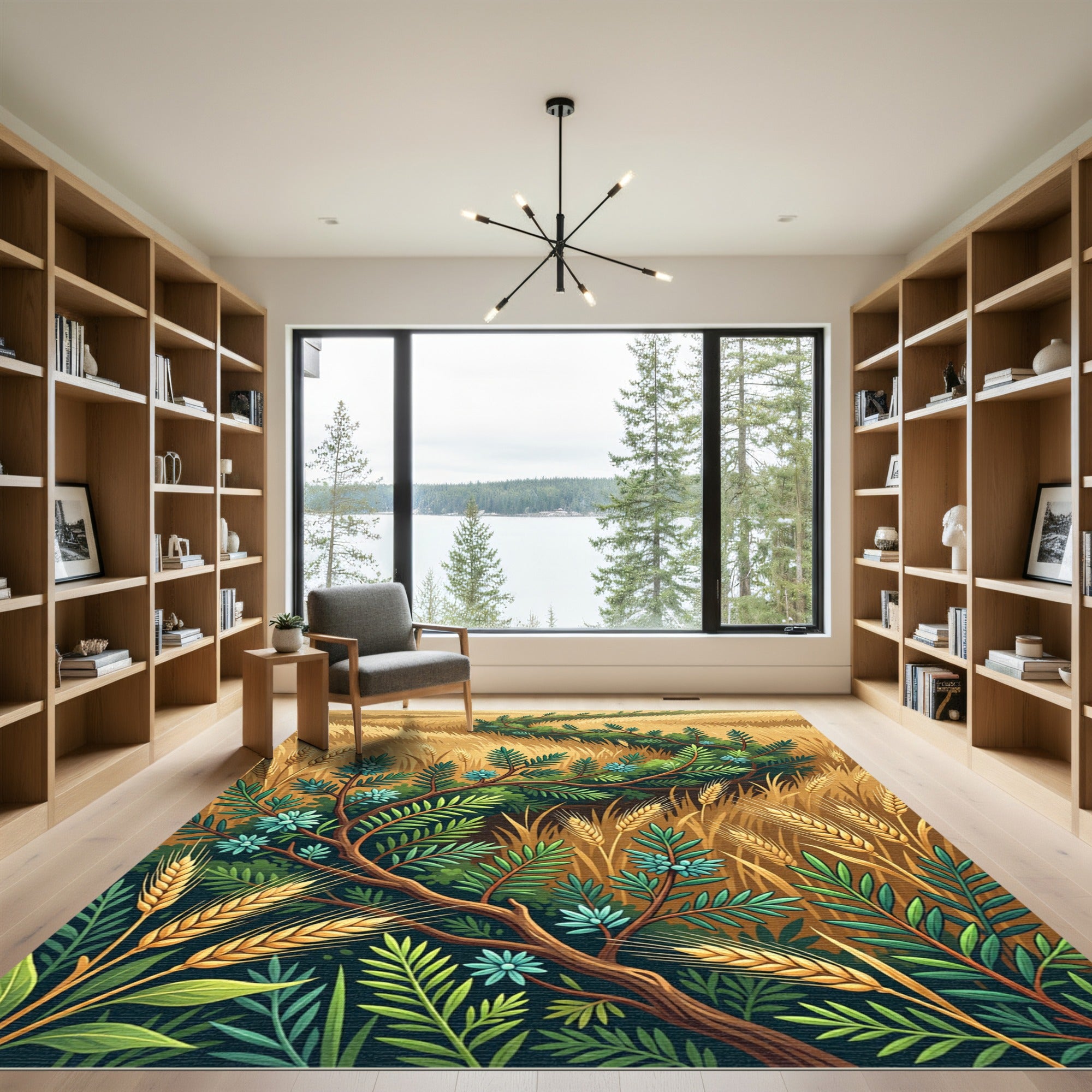 Golden Wheat and Teal Fern Foliage Rug