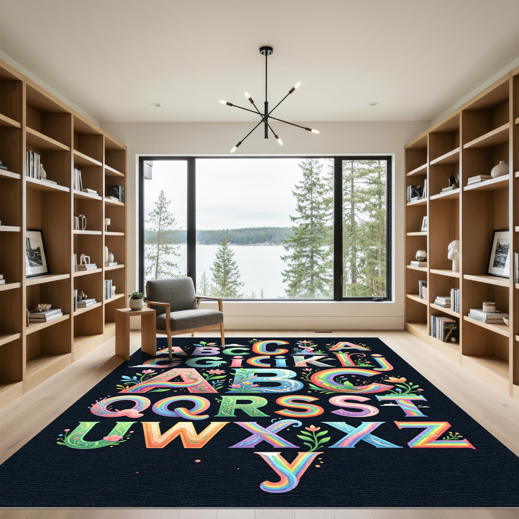 Whimsical Rainbow Garden Alphabet Art Rug