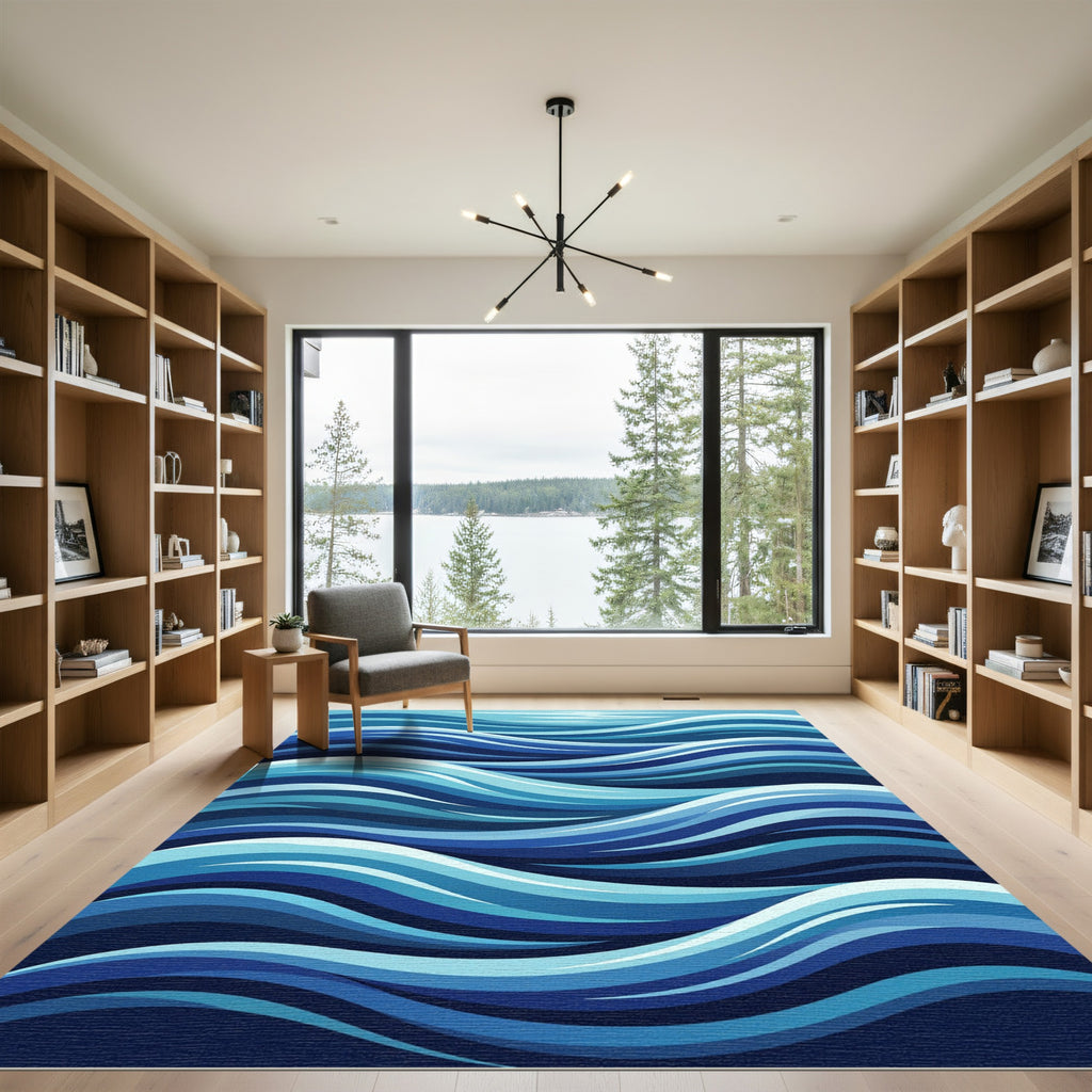 Deep Blue Ocean Wave Curves Rug