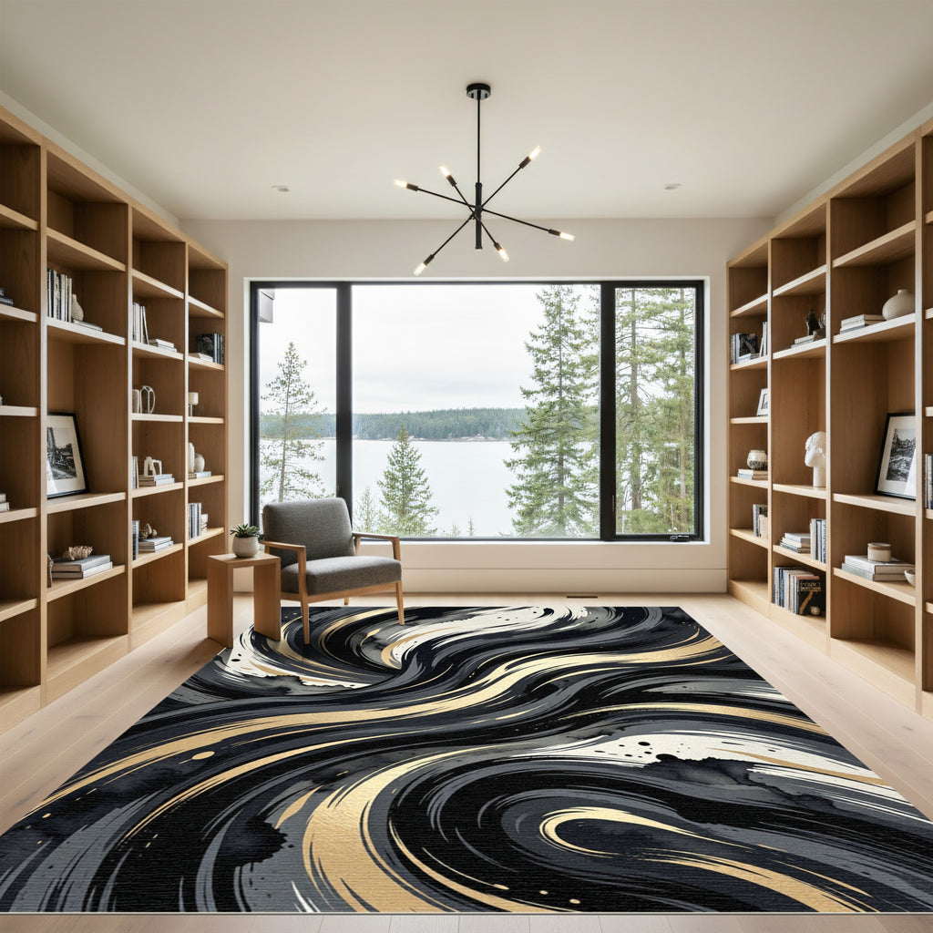 Abstract Black and Gold Swirl Rug