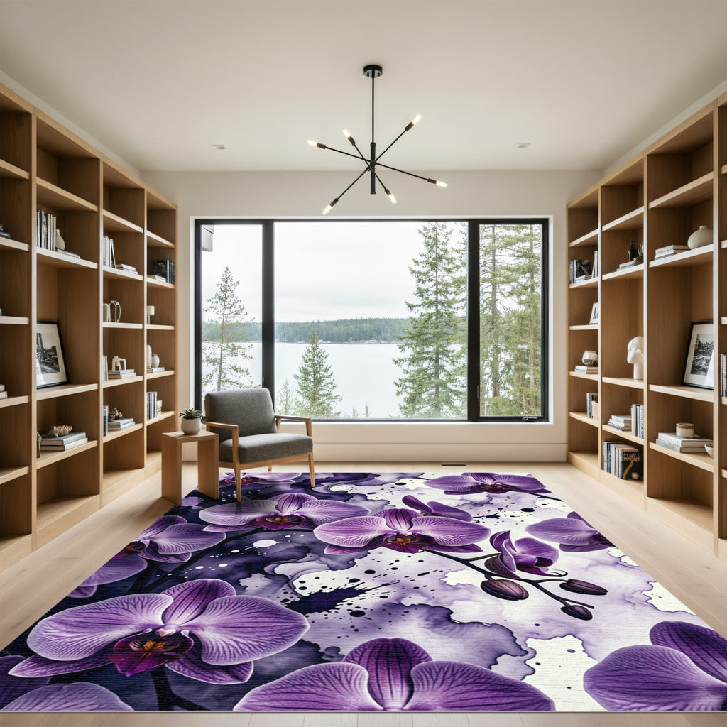 Ethereal Purple Orchid Ink Wash Floral Rug