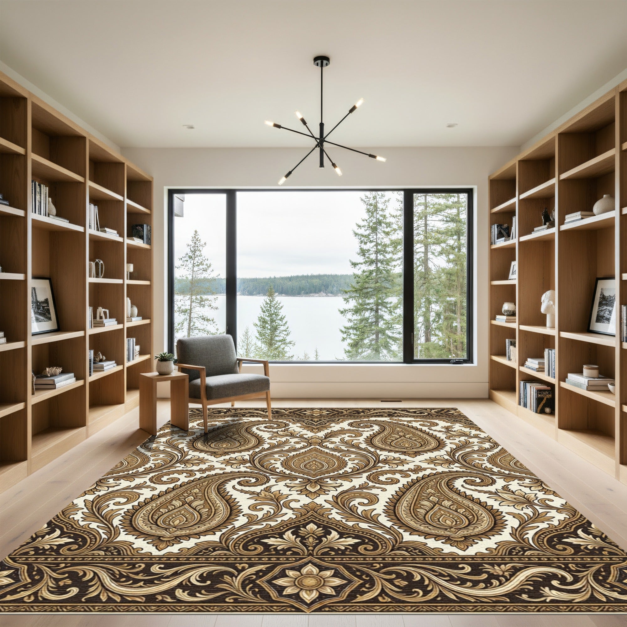 Ornate Paisley Gold Floral Border Rug