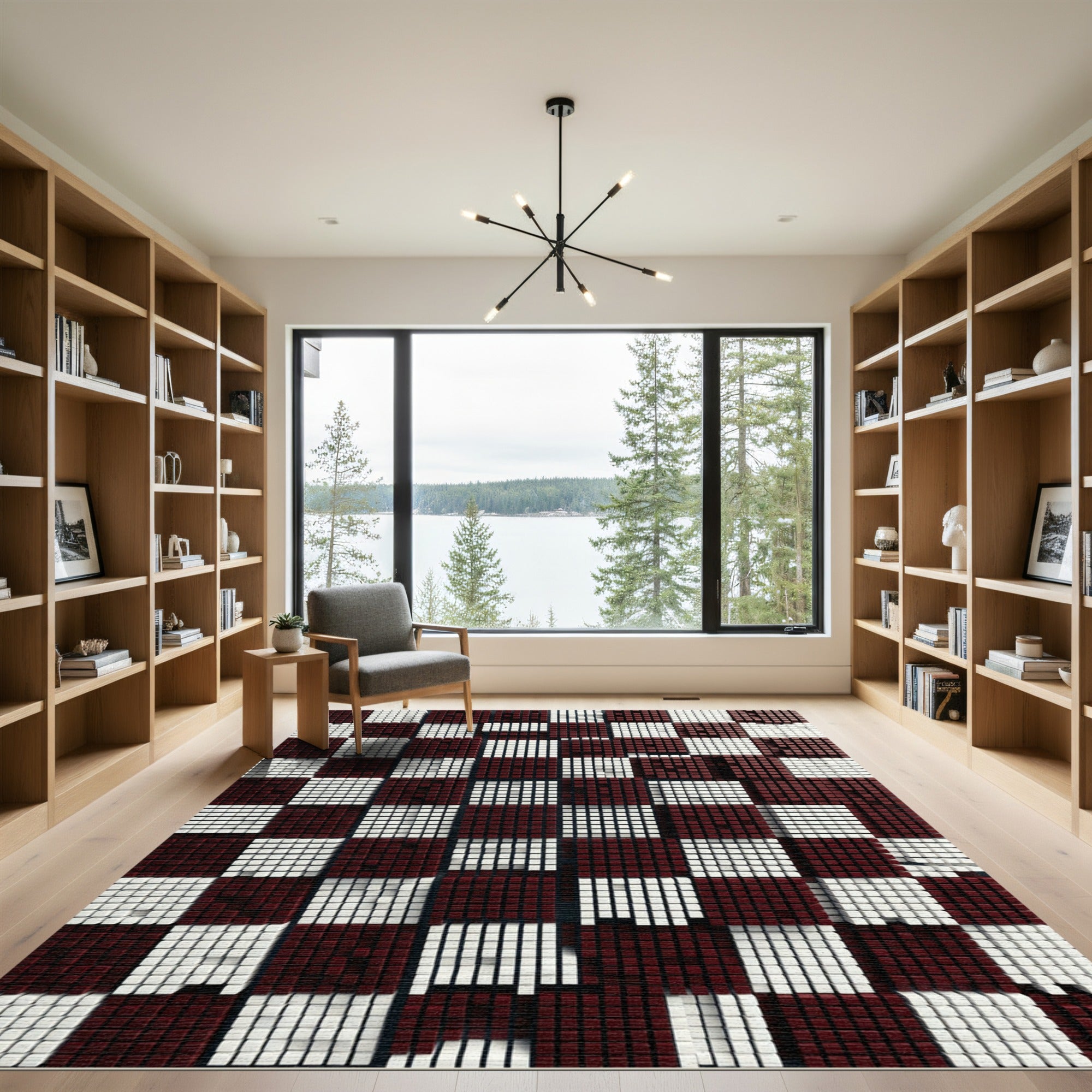 Modern Deep Red White Grid Cube Rug
