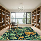 Elegant Emerald Gold Chrysanthemum Bloom Rug