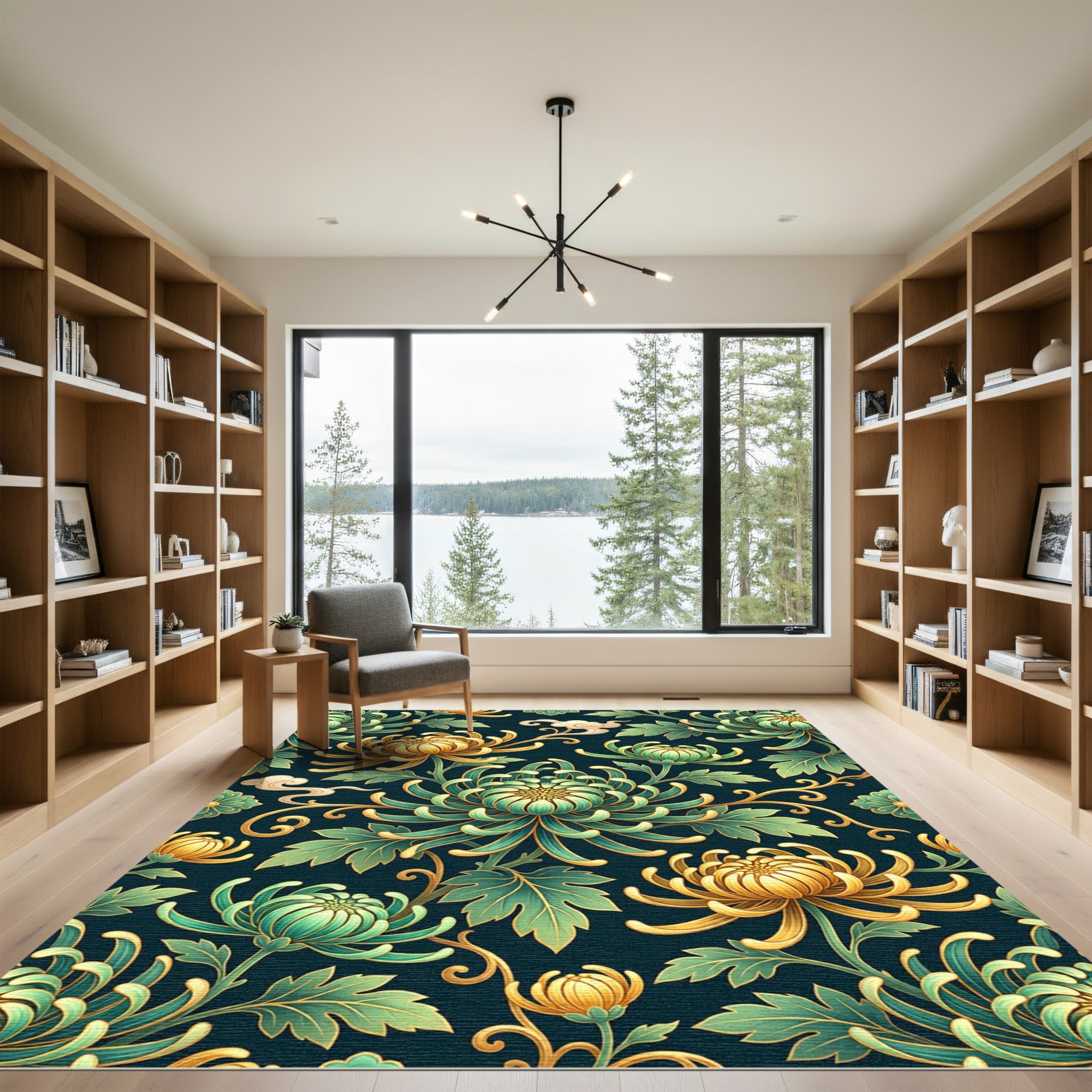 Elegant Emerald Gold Chrysanthemum Bloom Rug