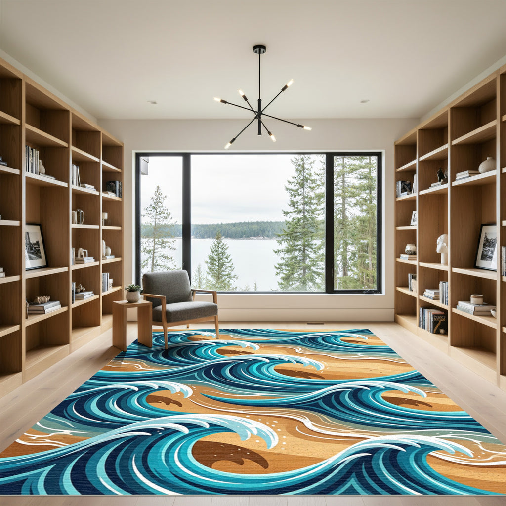 Vibrant Teal Ocean Wave Swirls Rug