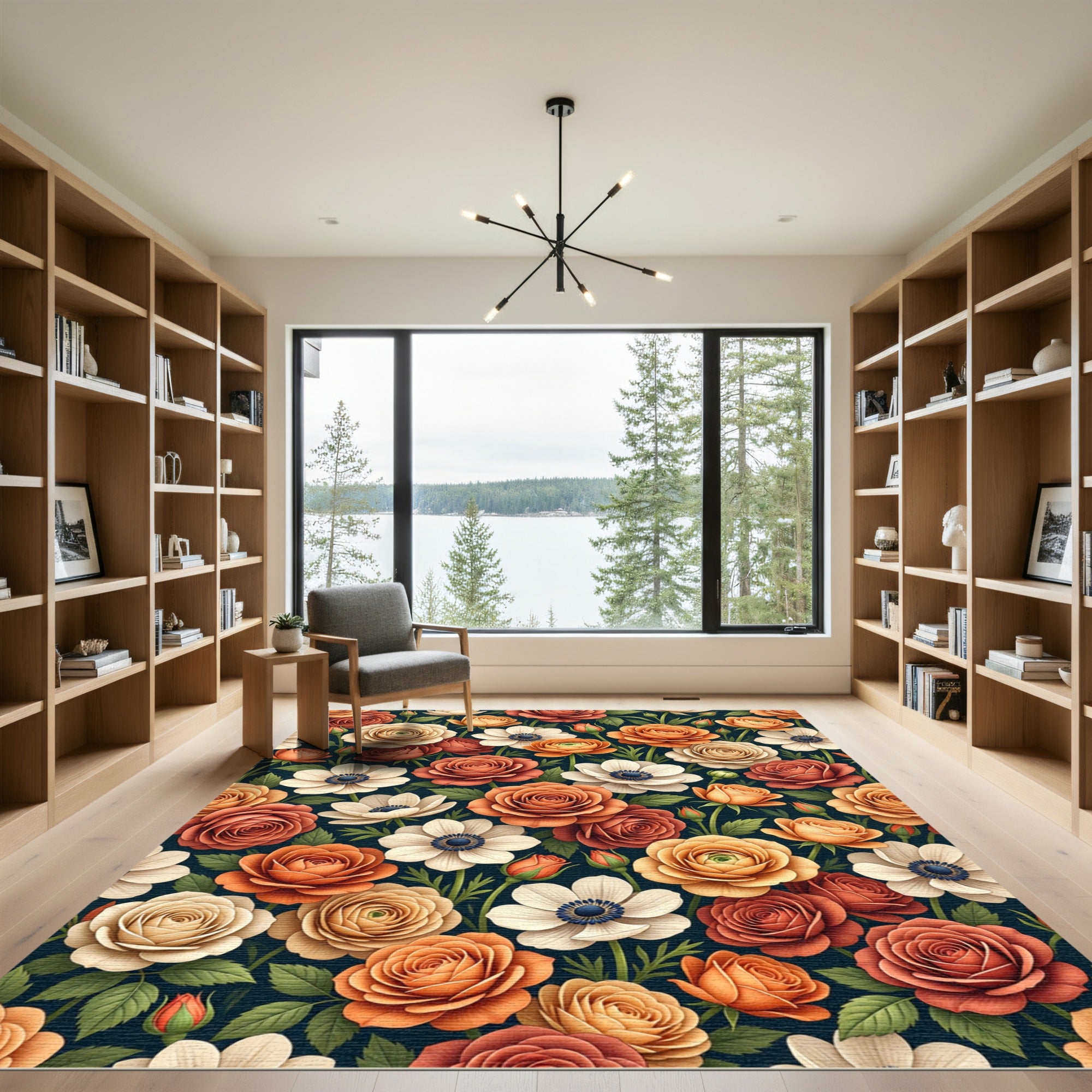 Burnt Orange Cream Blossom Floral Rug