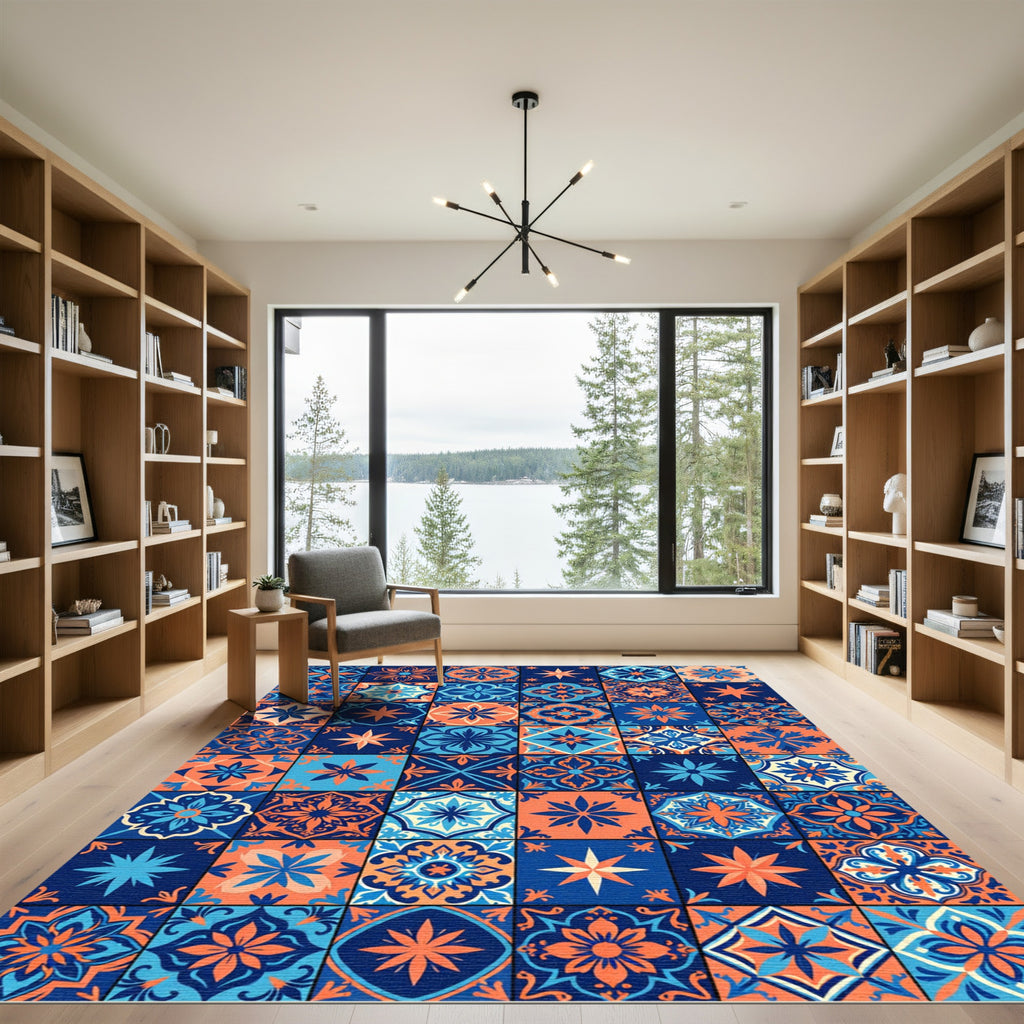 Orange Blue Floral Medallion Patchwork Rug