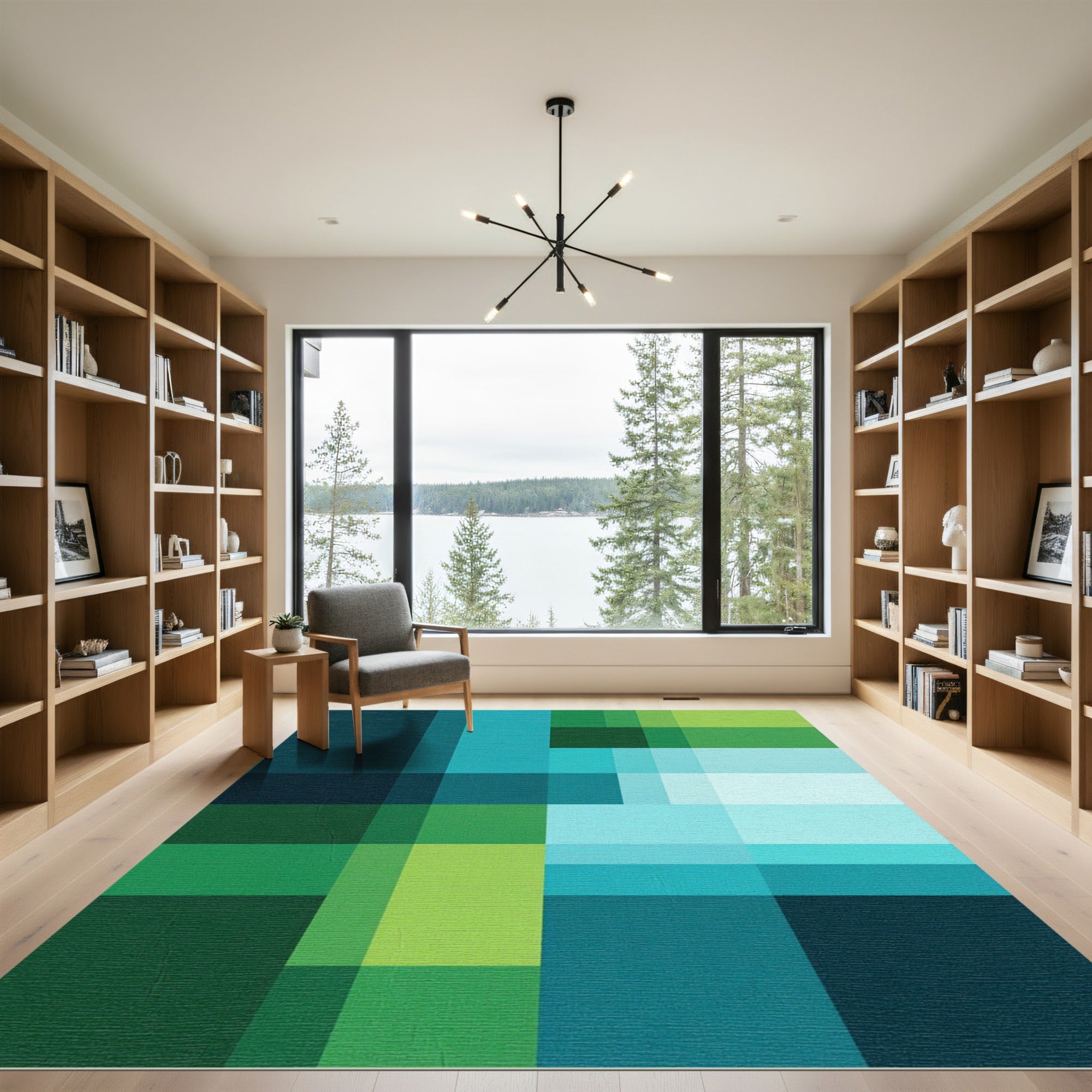 Deep Blue Green Teal Geometric Blocks Rug