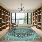 Ornate Teal Cream Filigree Medallion Rug