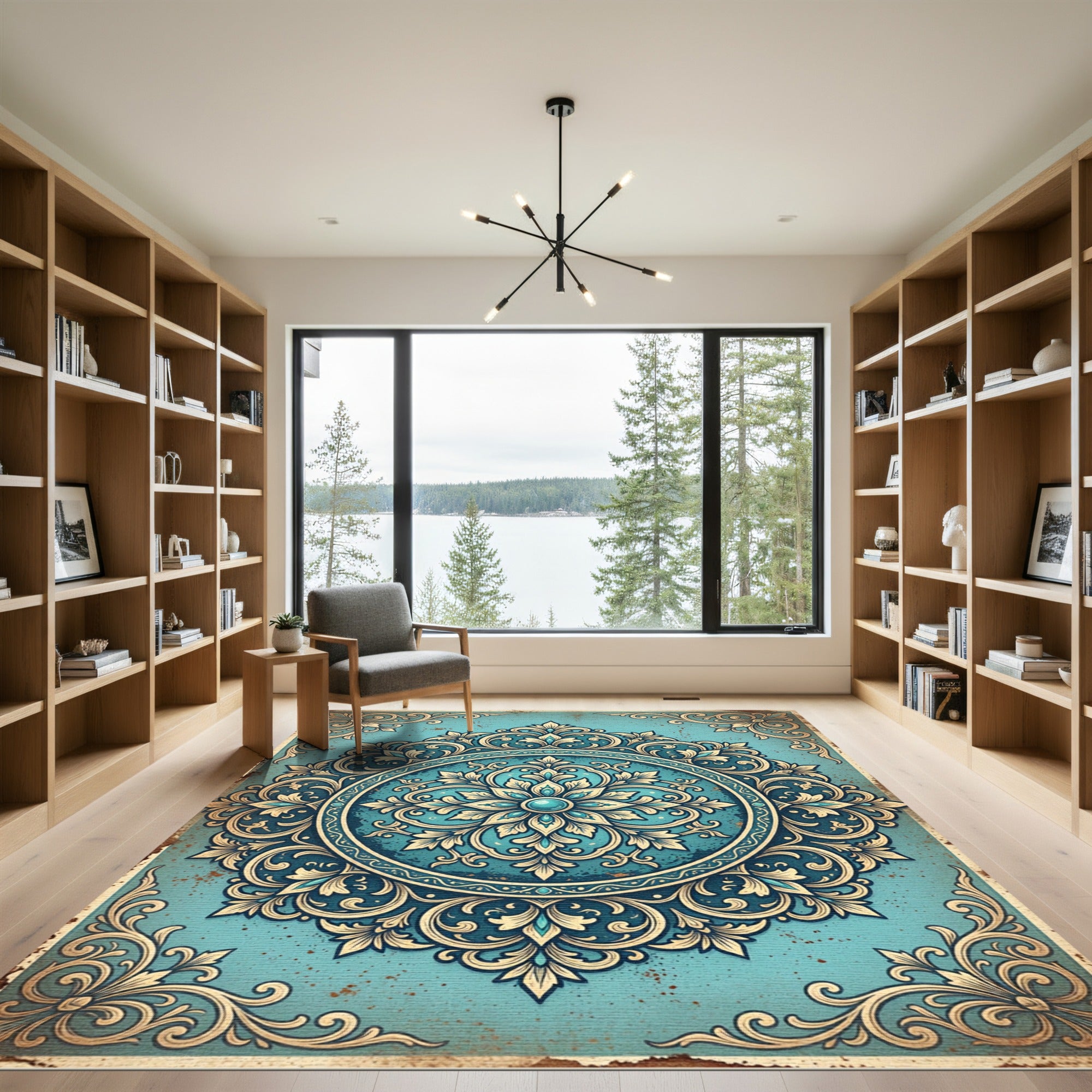 Ornate Teal Cream Filigree Medallion Rug