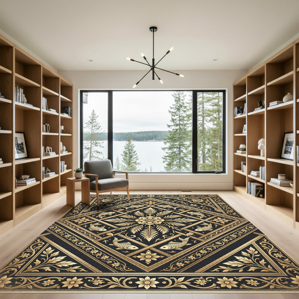 Gold Floral Koi Geometric Slate Rug