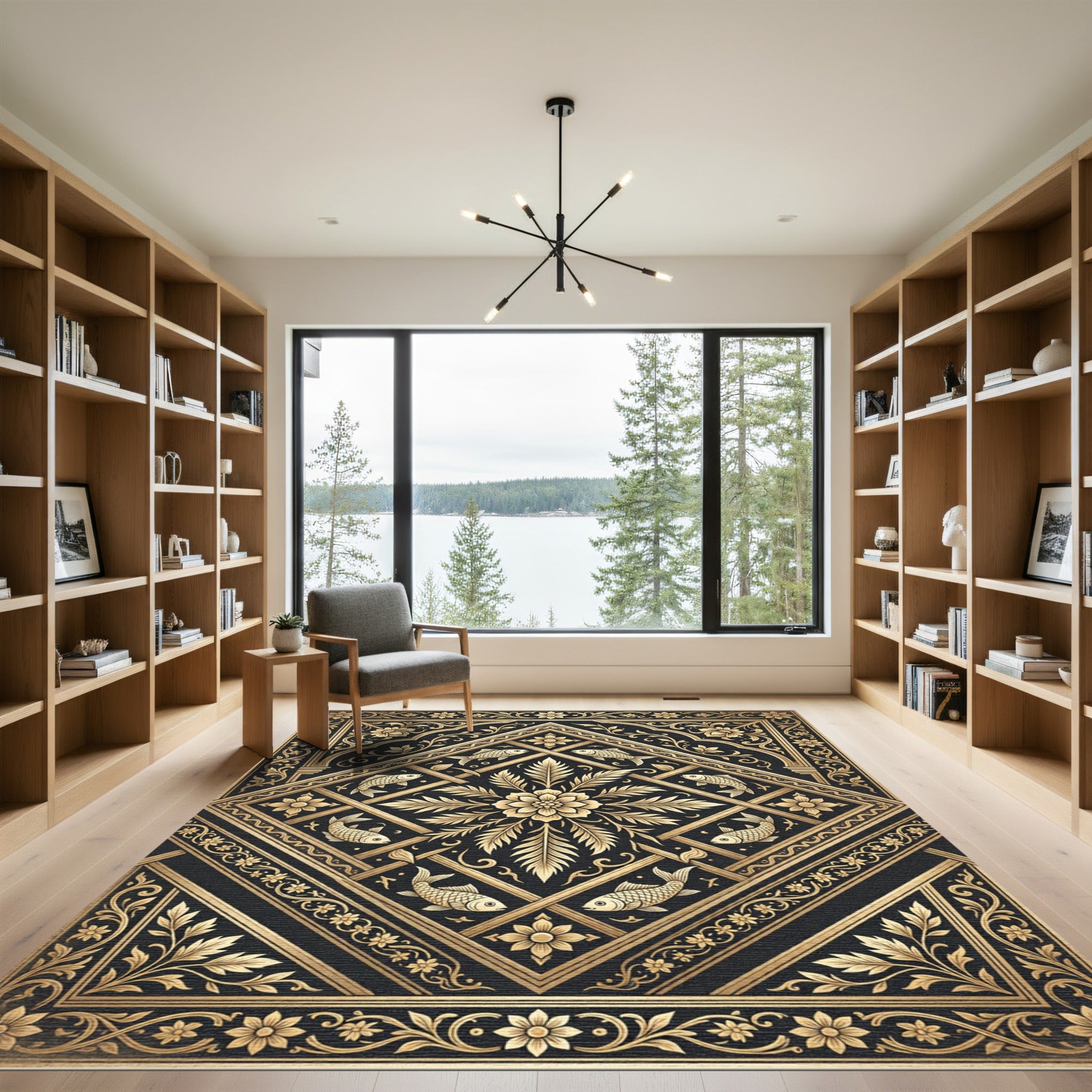 Gold Floral Koi Geometric Slate Rug