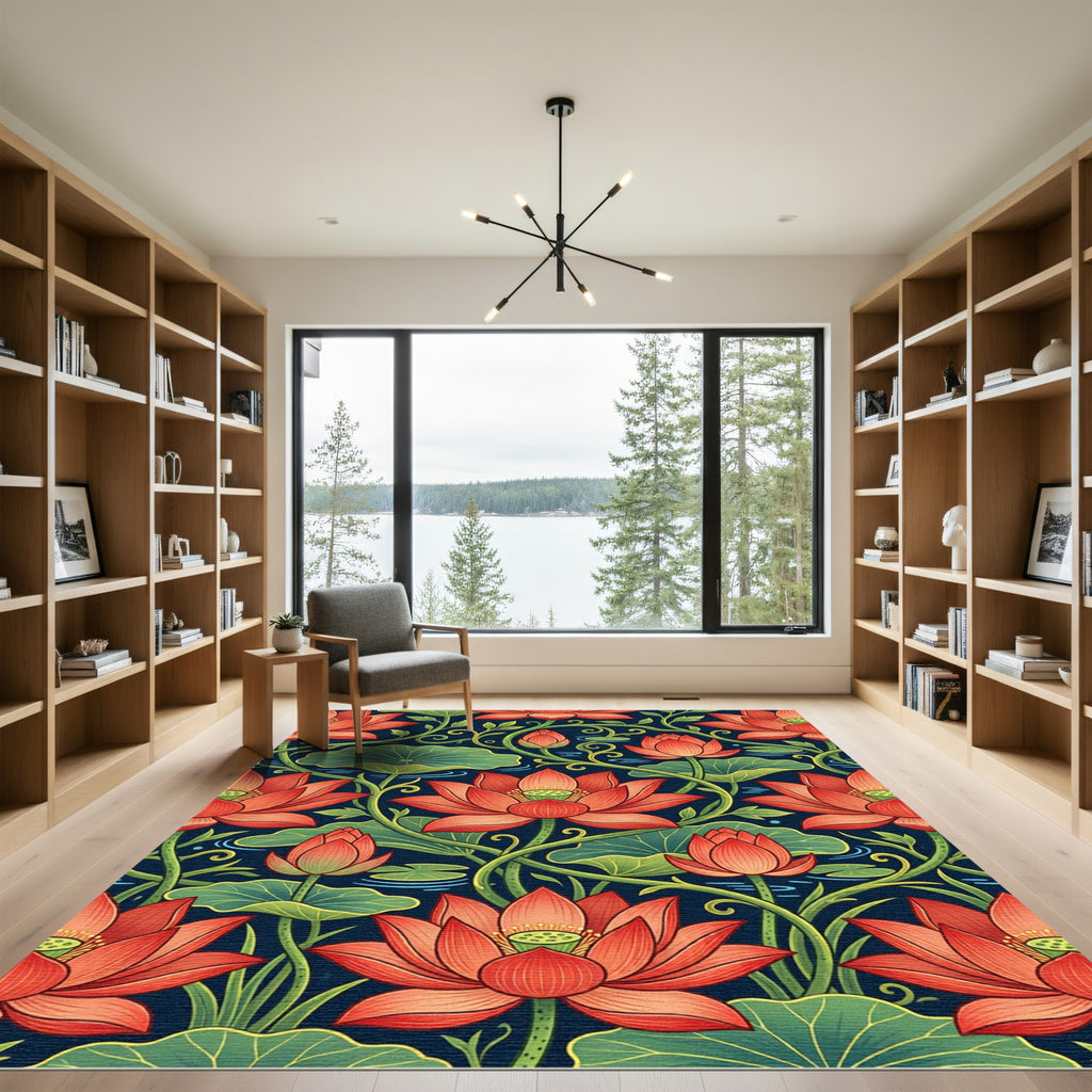 Vibrant Red Lotus Pond Floral Rug