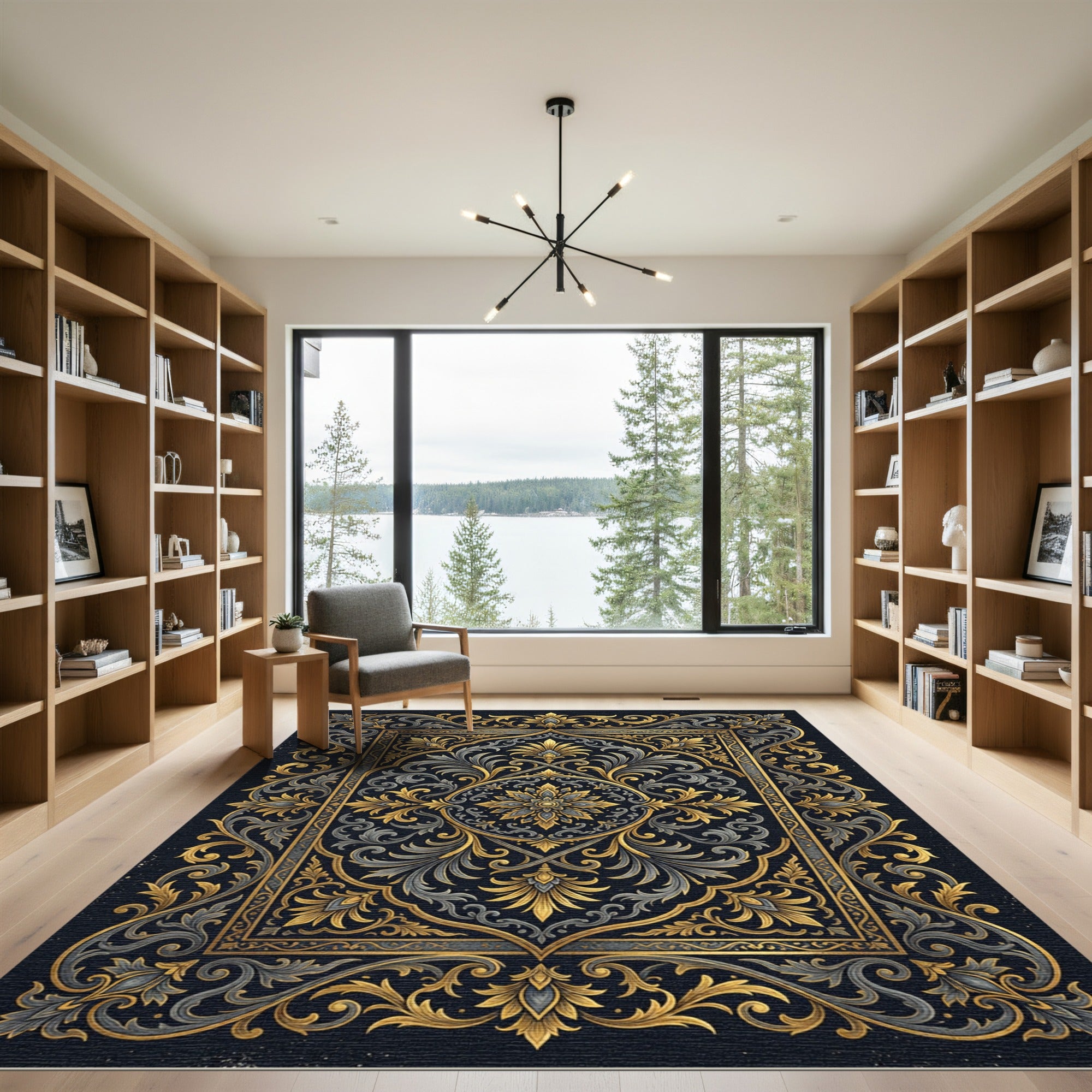 Ornate Gold and Charcoal Floral Damask Rug