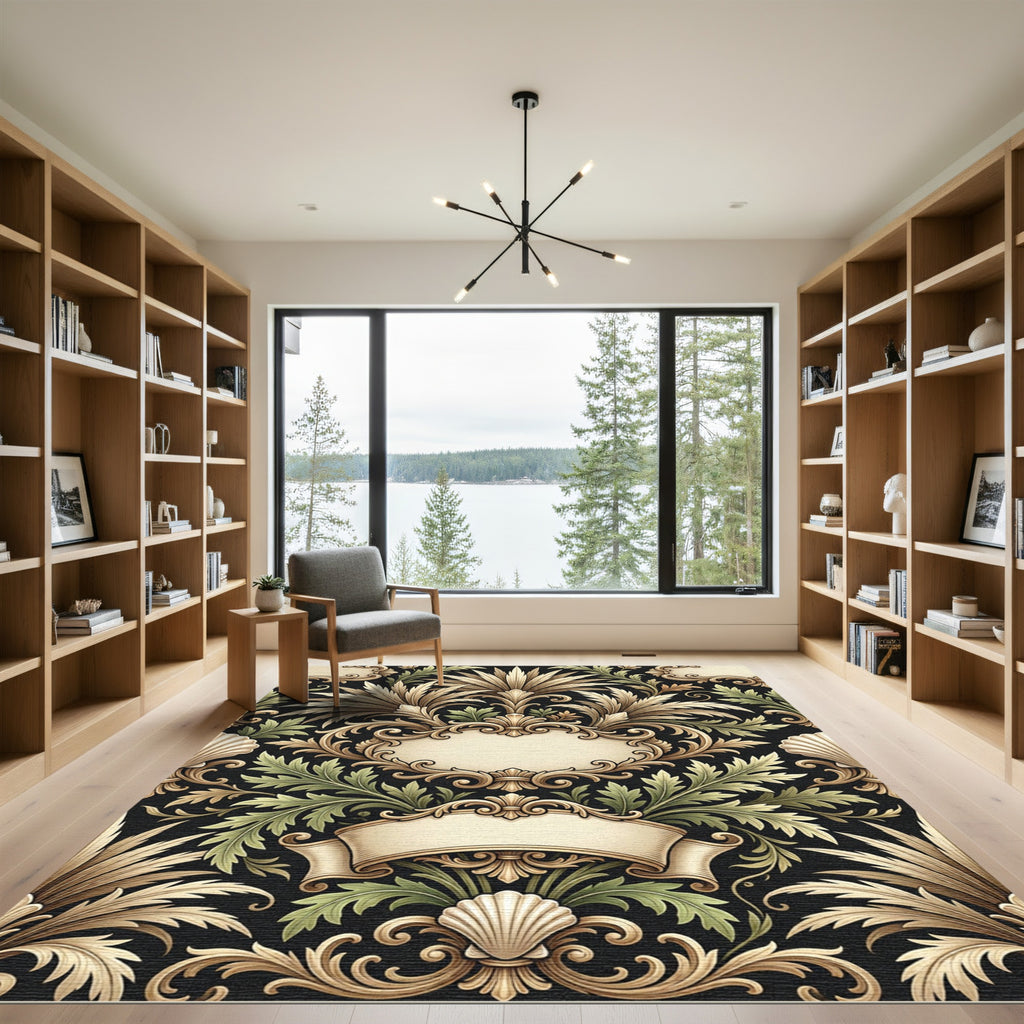 Elegant Gold Green Acanthus Scroll Rug