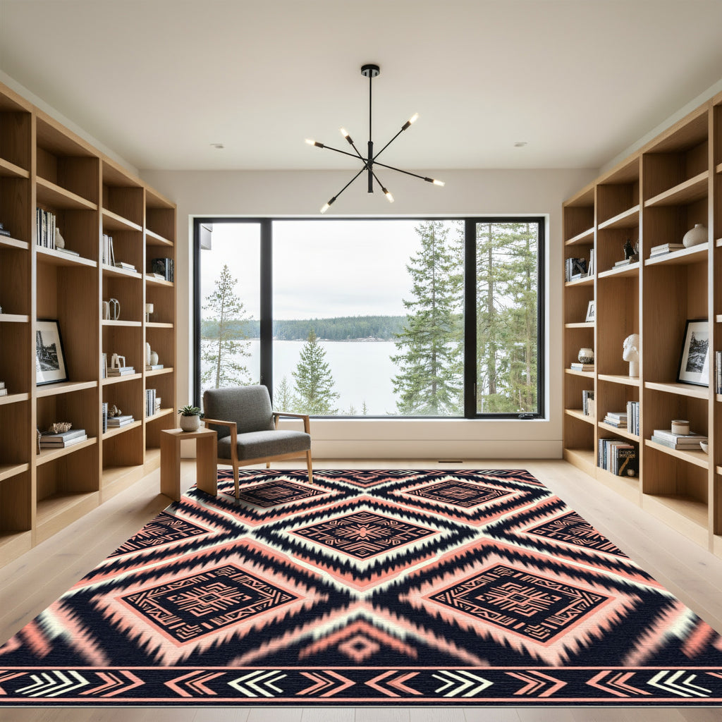 Black Peach Geometric Tribal Diamond Rug