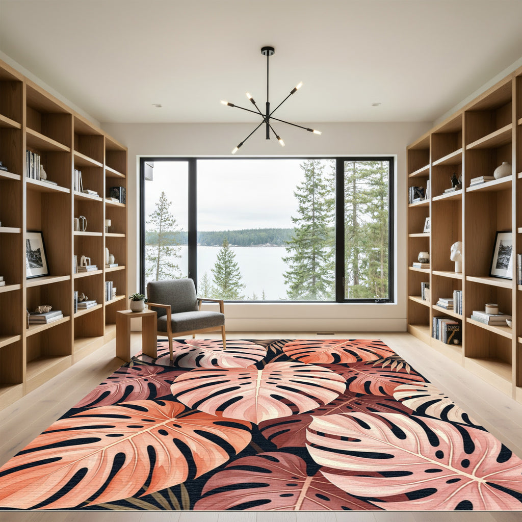 Coral Pink Monstera Leaf Collage Rug