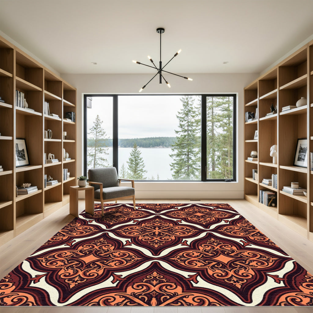 Rich Amber Arabesque Scrollwork Rug