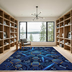 Electric Blue Neon Circuit Board Grid Rug