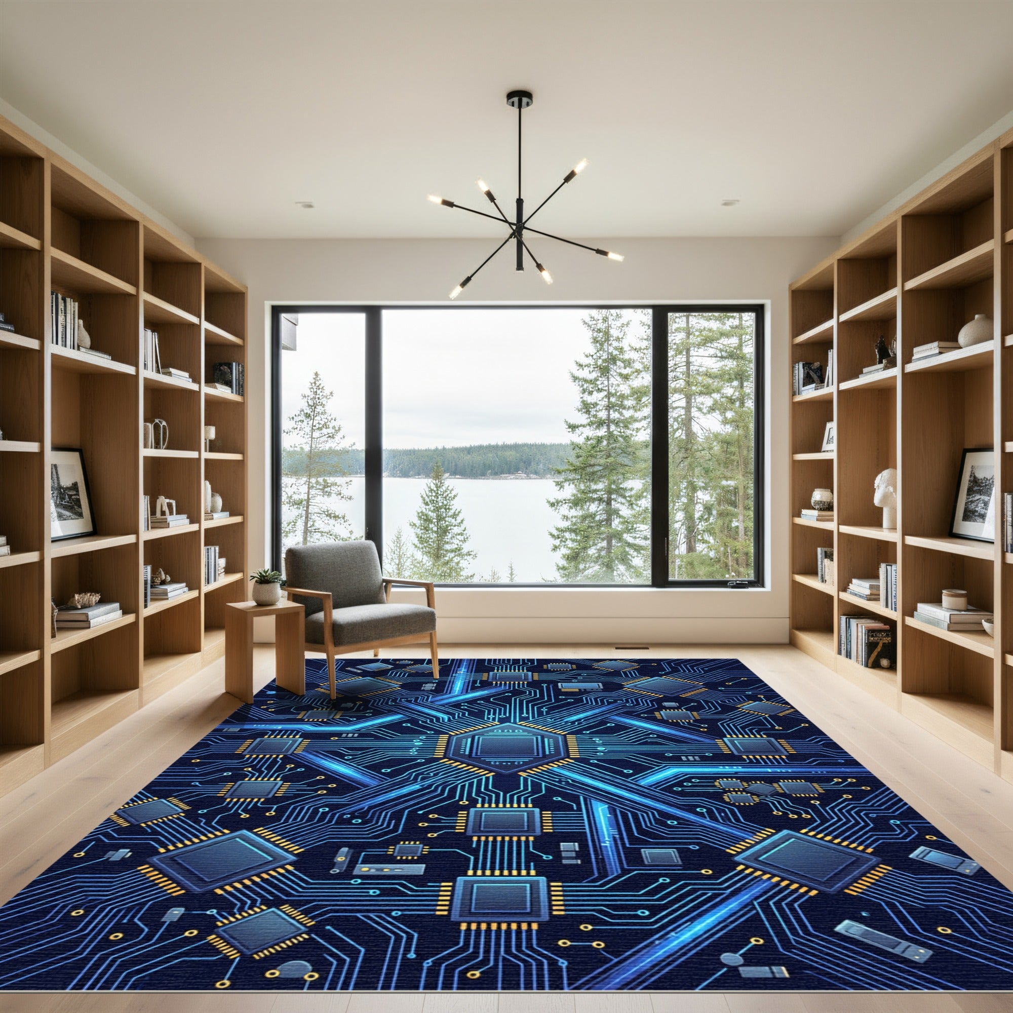 Electric Blue Neon Circuit Board Grid Rug