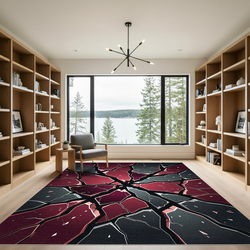 Shattered Crimson and Charcoal Angular Fractures Rug